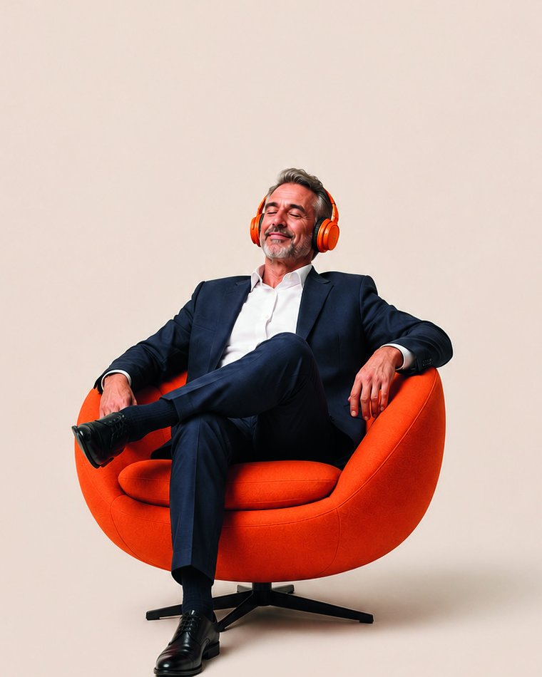A manufacturer relaxing in an orange chair while ABC Studio takes care of brand and market
