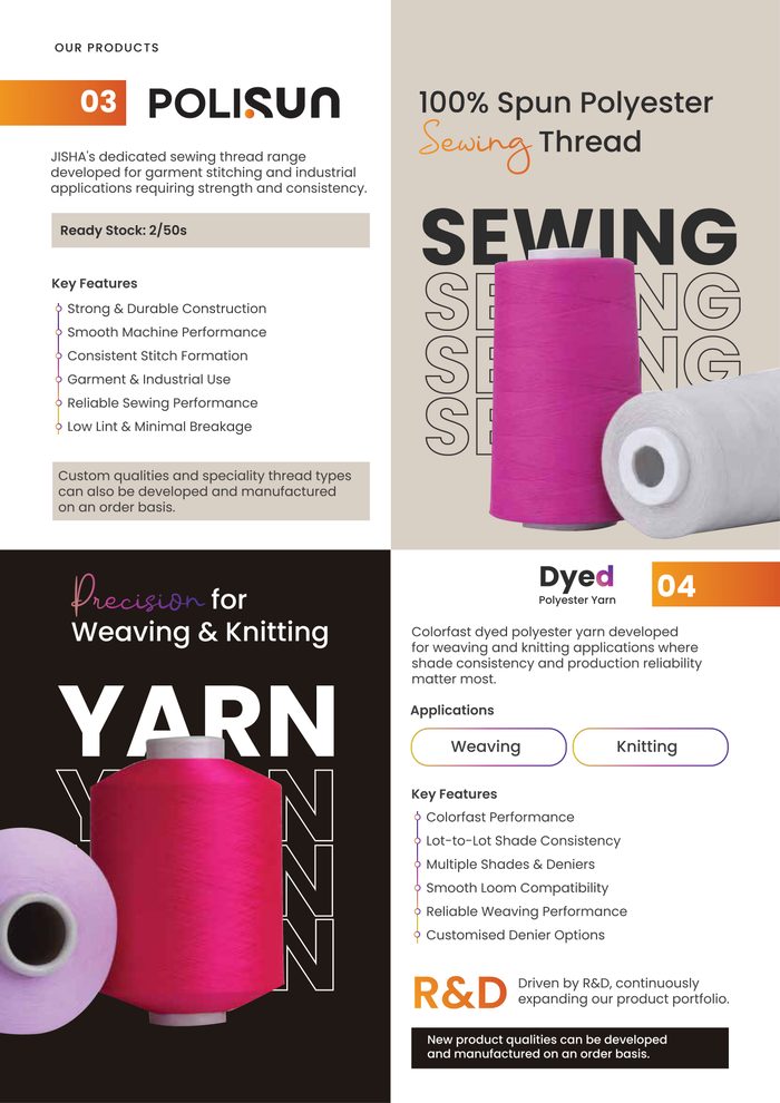 Jisha Enterprise profile pages for sewing thread and dyed yarn